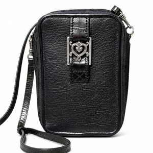 Brighton Women's Black Leather Crossbody Wallet Organizer Bag Heart Croc Accent